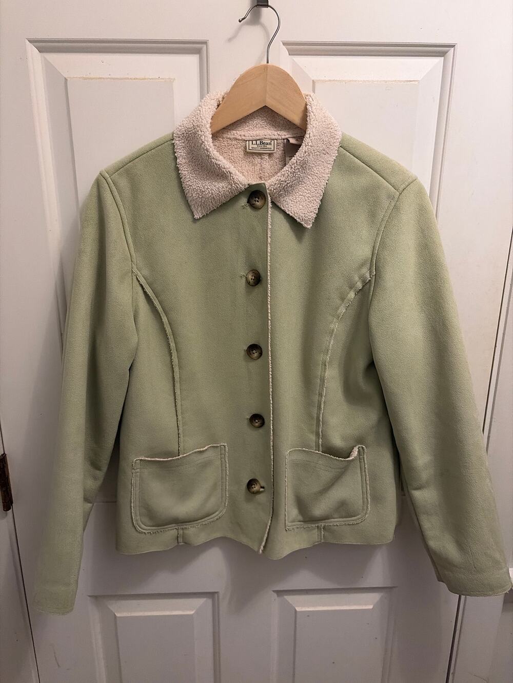 LL Bean Green faux suede Jacket Sherpa Fleece Collar Button Up Coat Small